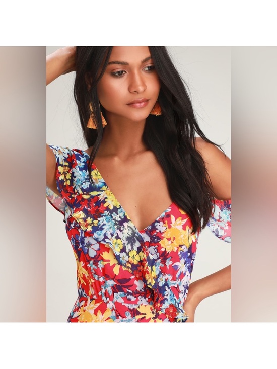 Lulus Dresses & Skirts - Lulu's Red Floral Wrap Dress with Yellow & Blue Blooms